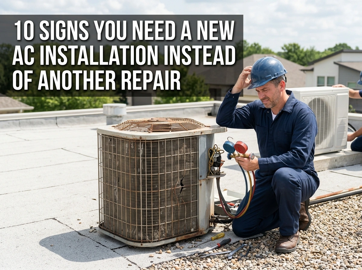 HVAC technician inspecting an old rusty AC unit for signs it needs replacement