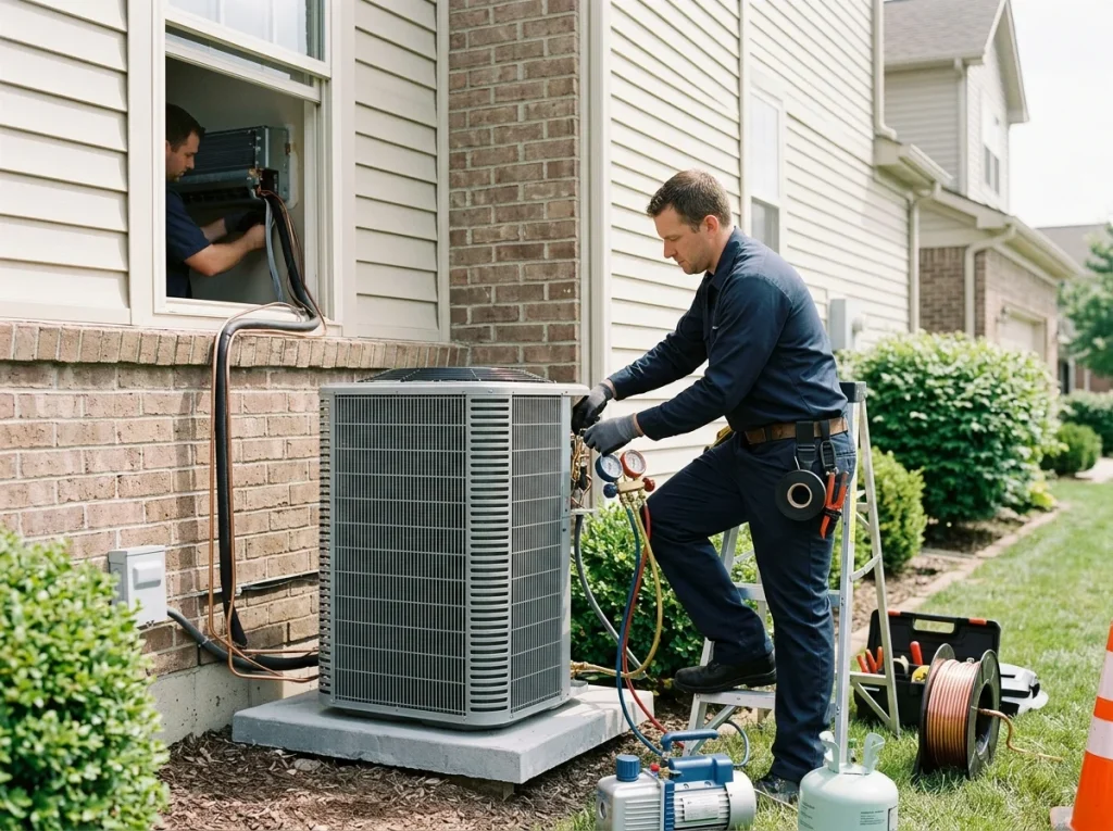 Technician connecting refrigerant lines to an outdoor AC condenser unit