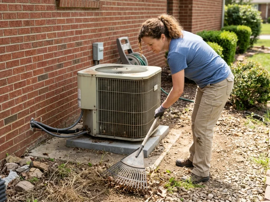 Woman cleaning around an outdoor AC unit before installation day