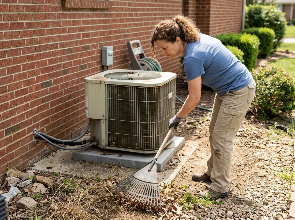 Homeowner clearing the area around an old AC unit before new installation