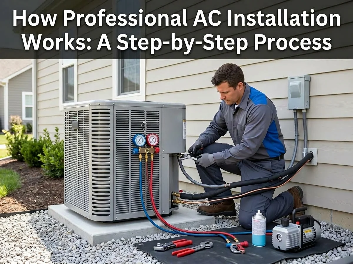 Professional HVAC technician connecting refrigerant gauges while installing an outdoor central air conditioning unit beside a home.