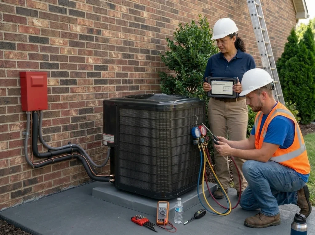 HVAC techs inspecting new outdoor AC unit with gauges and tablet to avoid installation mistakes