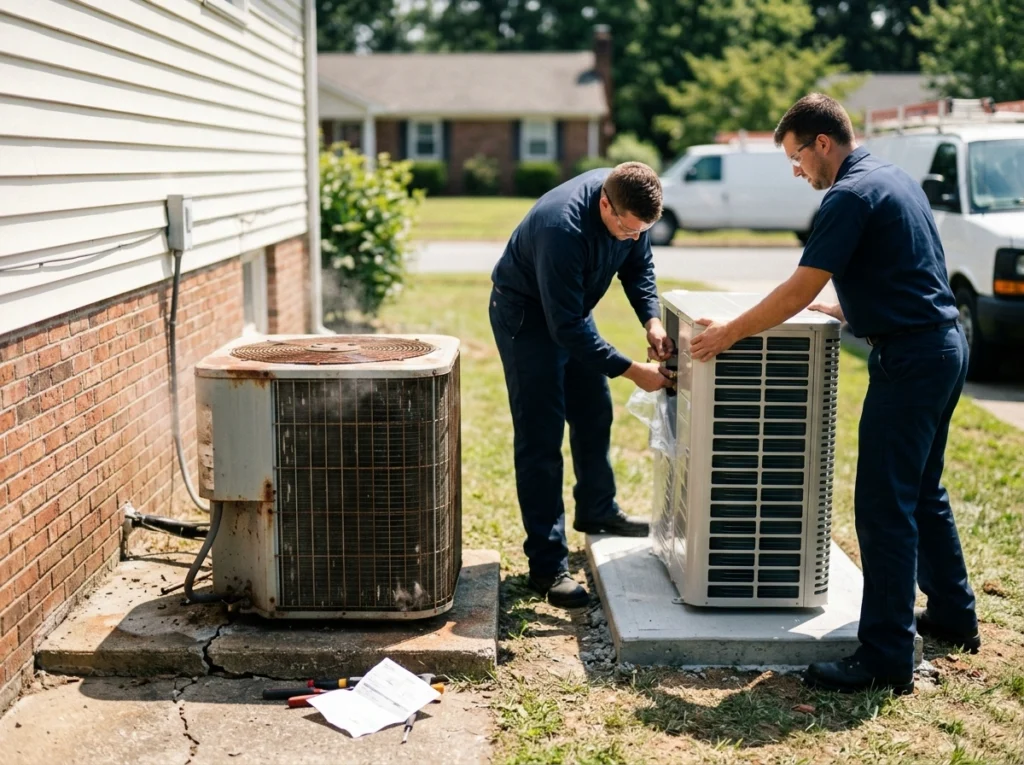 HVAC technicians installing a new AC unit beside an old rusty condenser