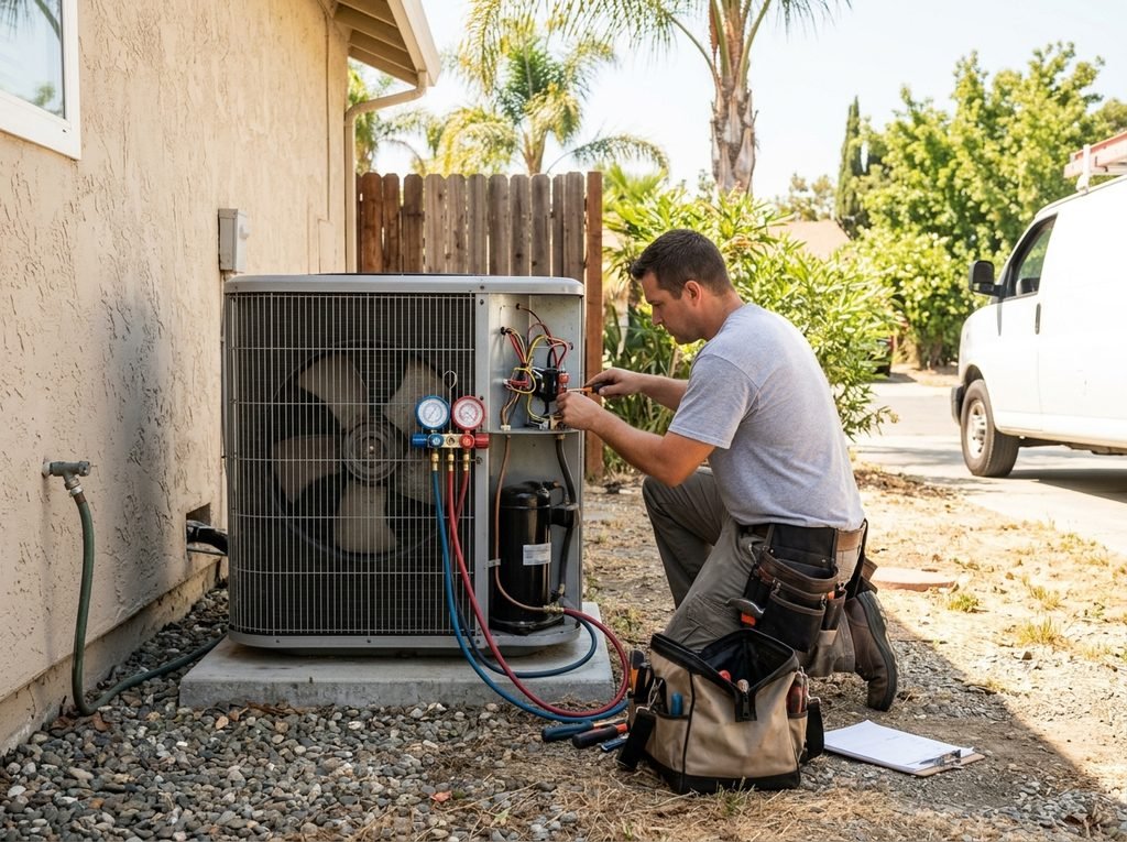 A professional air conditioning repair technician diagnosing and repairing the internal electrical components of a residential AC condenser unit, with his diagnostic manifold gauges hooked up and tools within reach.