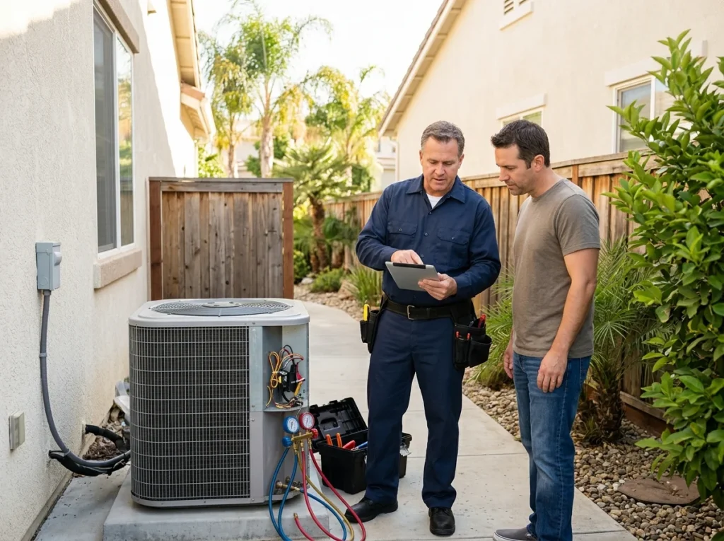 A homeowner's air conditioning unit being inspected by a professional technician, illustrating the diagnostic service that determines AC repair costs in San Jose, California.