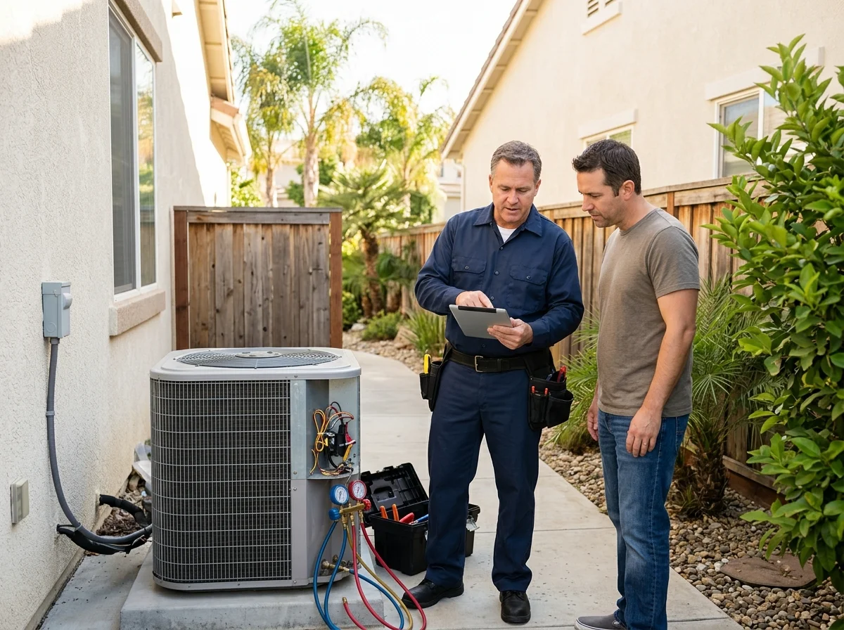 A homeowner's air conditioning unit being inspected by a professional technician, illustrating the diagnostic service that determines AC repair costs in San Jose, California.