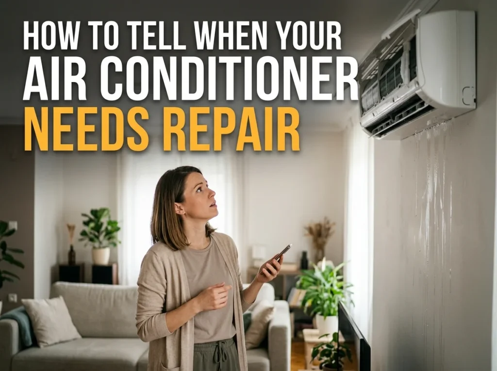 A homeowner noticing a problem with her ductless mini-split AC unit as water drips down the wall, preparing to call a technician for air conditioner repair.