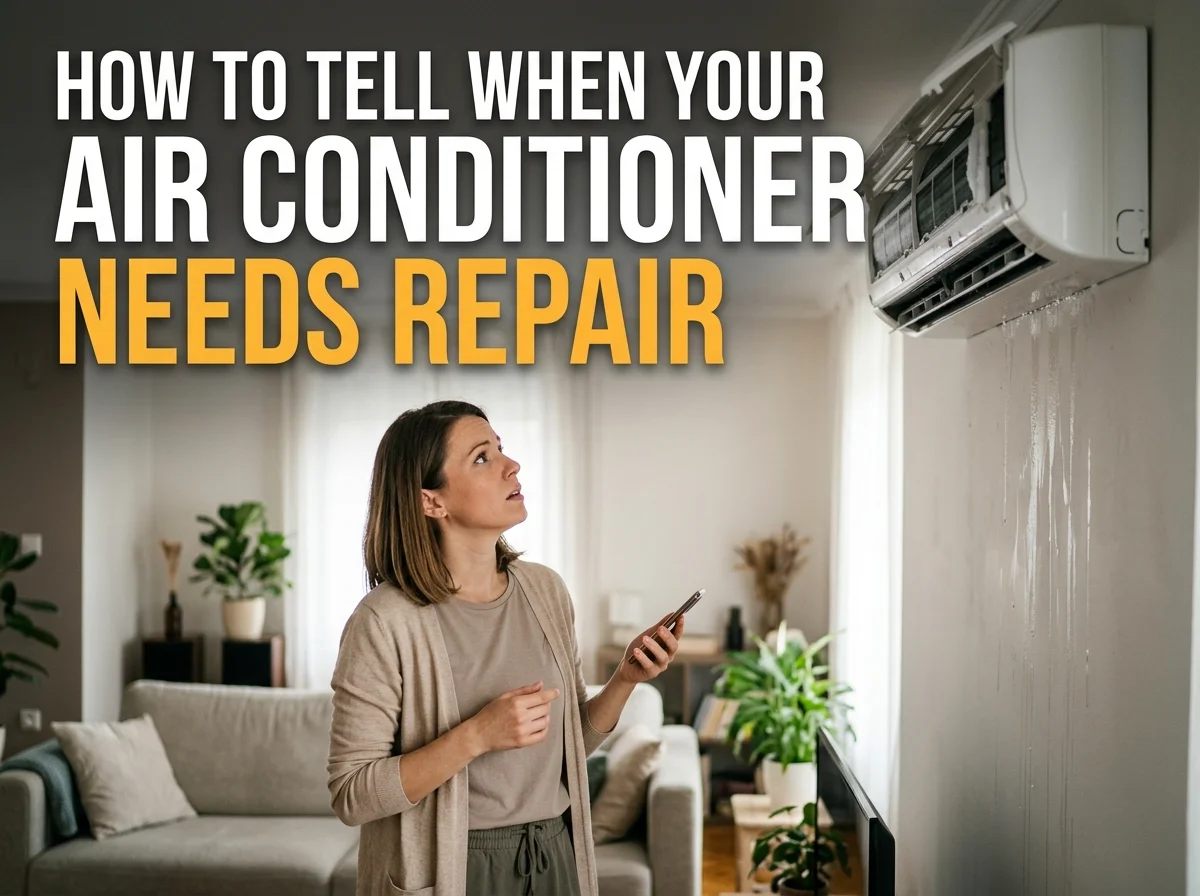 A homeowner noticing a problem with her ductless mini-split AC unit as water drips down the wall, preparing to call a technician for air conditioner repair.