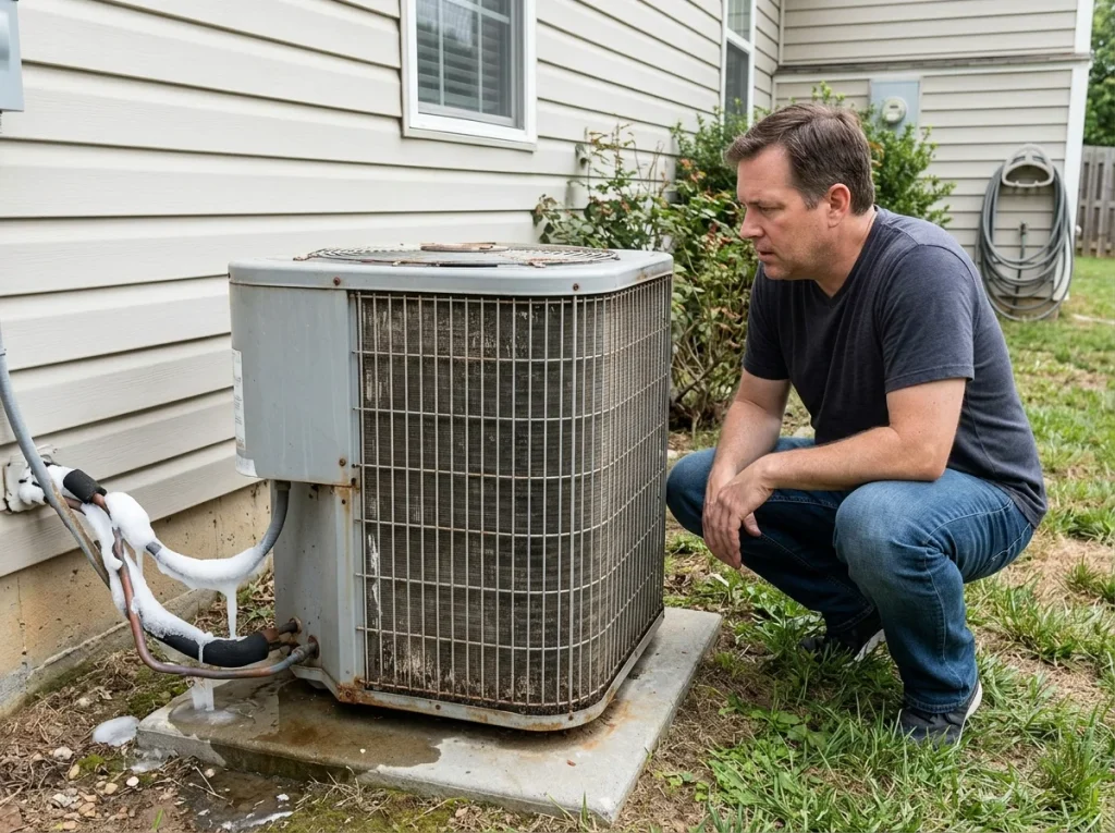 Man inspecting a frozen outdoor air conditioner unit with ice on the refrigerant lines.